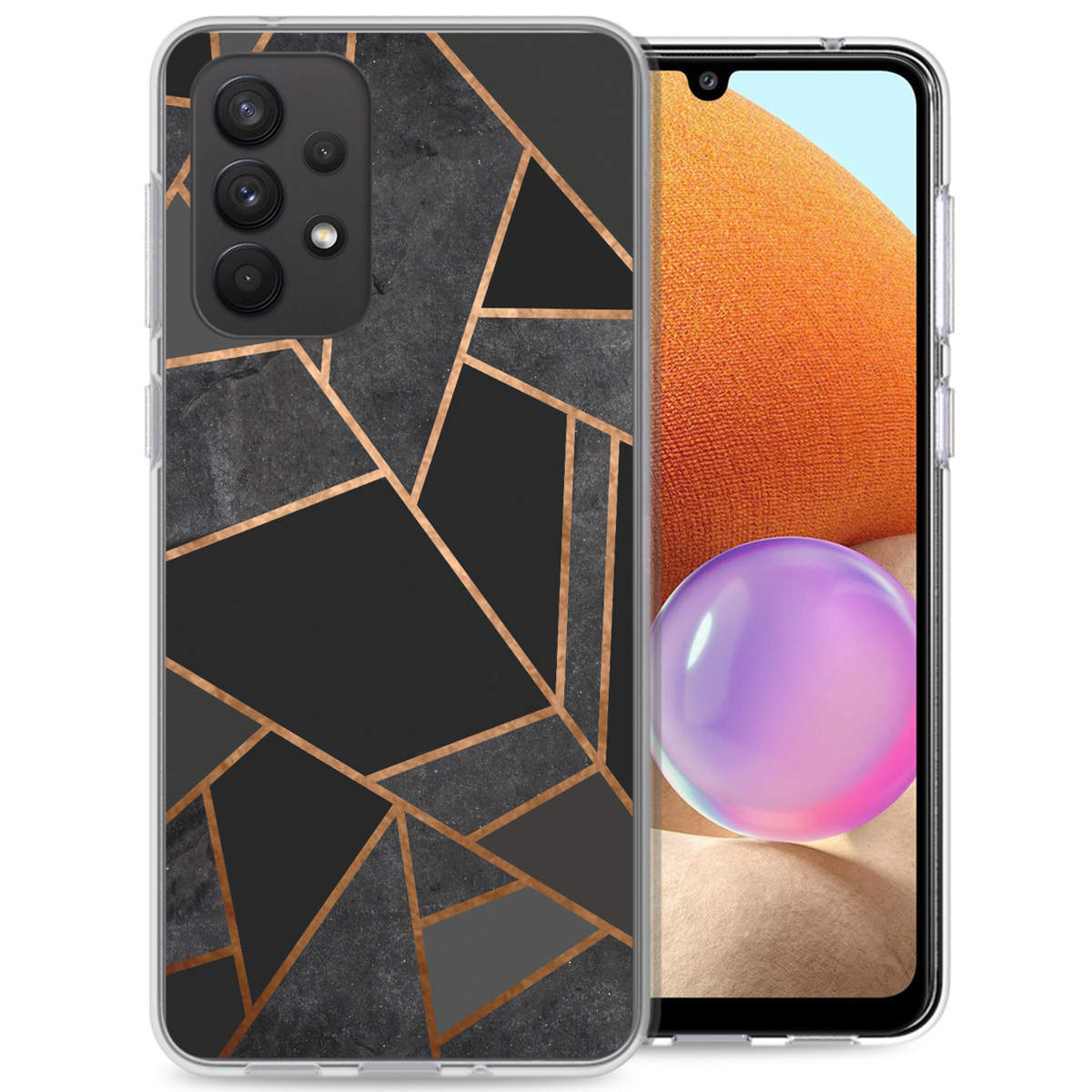 Coque de téléphone avec un design géométrique en noir, gris et cuivre, avec un téléphone à l'intérieur.