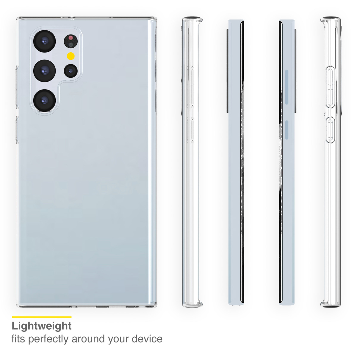 Vues arrière et latérales d'une coque de protection transparente et légère pour smartphone.