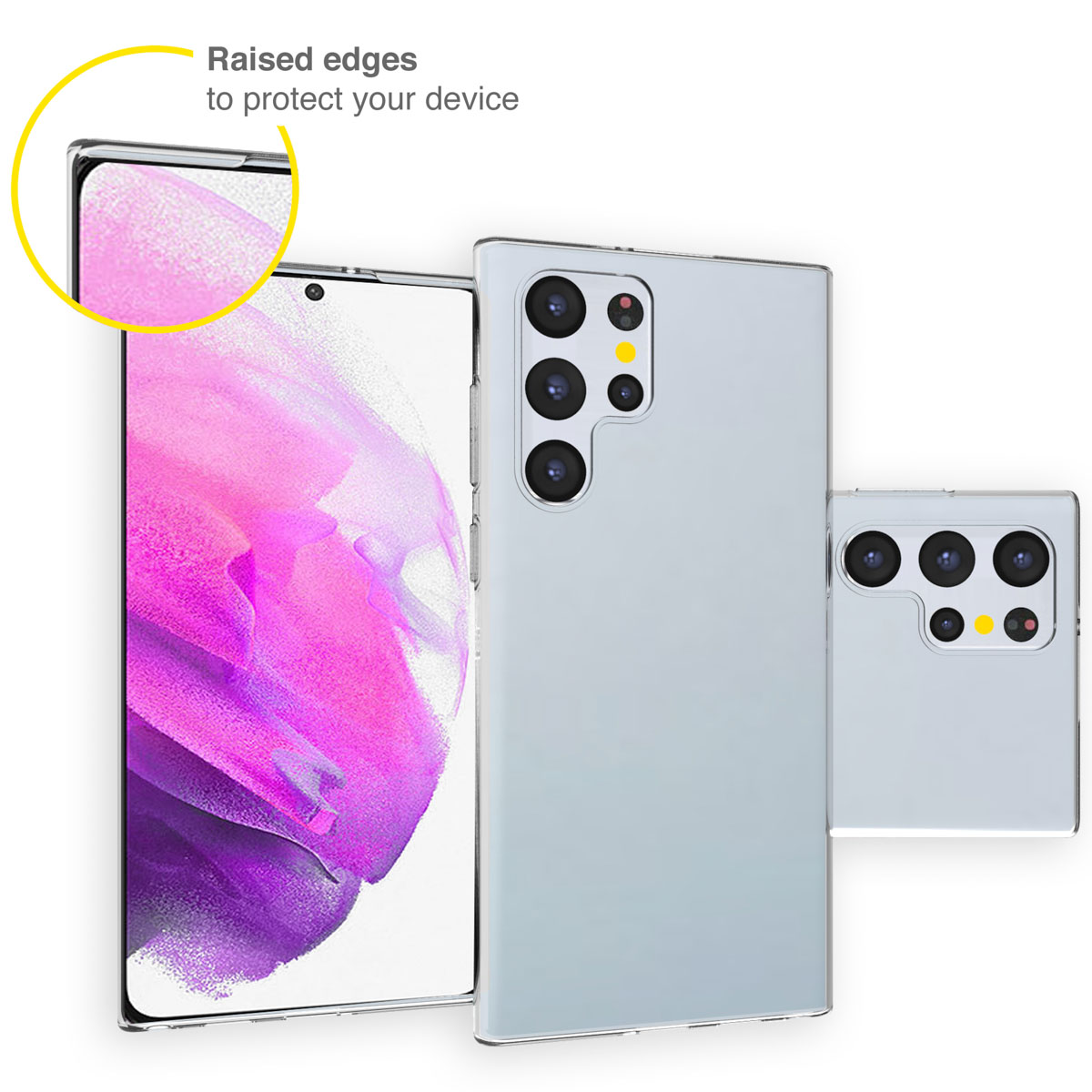 Coque transparente sur un smartphone, avec un insert grossissant montrant les bords surélevés.