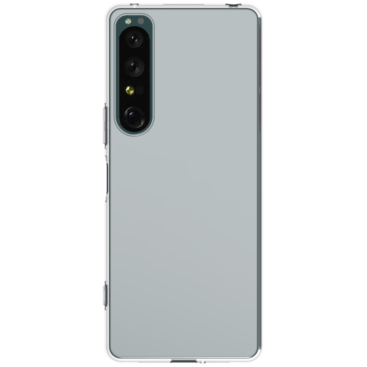 Une coque de téléphone transparente sur un téléphone avec un système à trois caméras. Le téléphone est argenté.