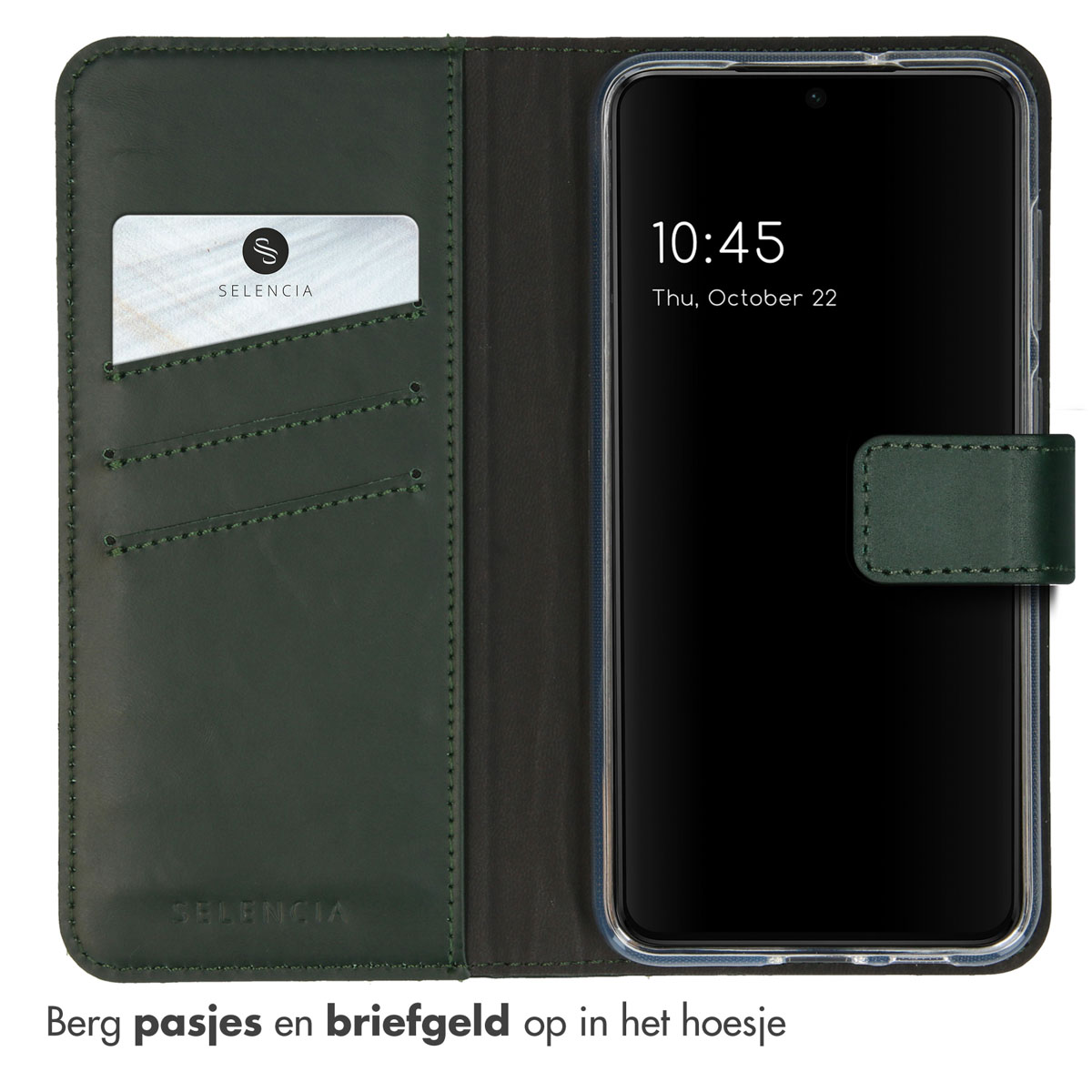 Groene telefoonhoes met kaartsleuven. Telefoon toont de tijd en datum.