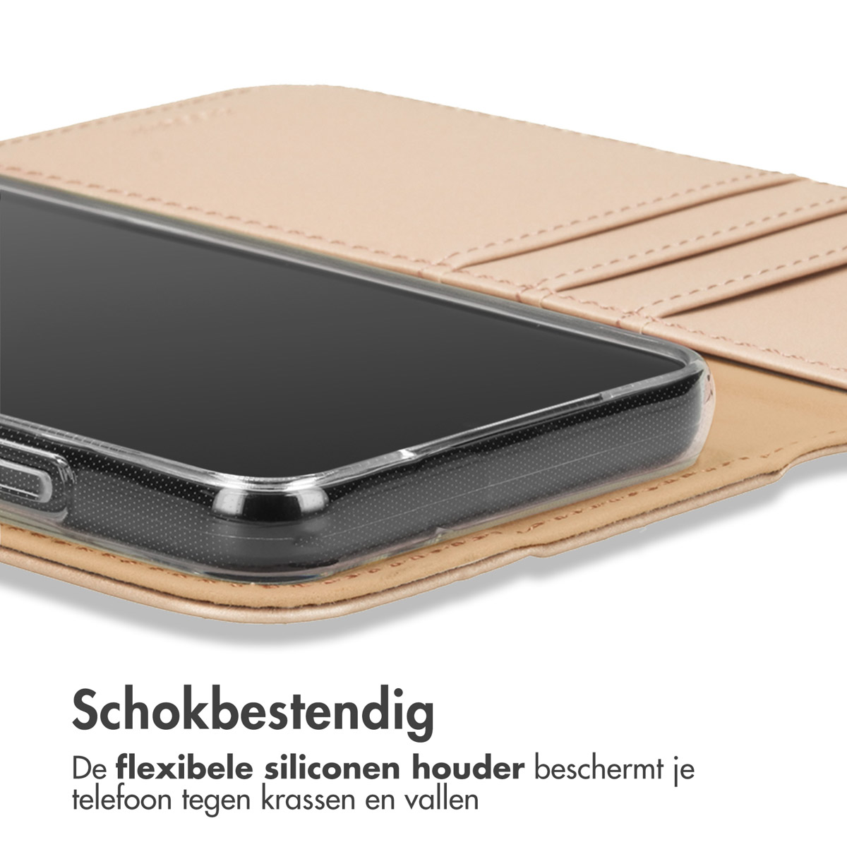 A light brown phone flip case with a clear silicone holder for the phone.