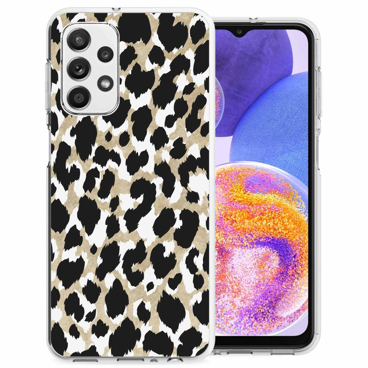 Coque de téléphone avec un motif noir et blanc. Le téléphone est visible. Le motif est un imprimé léopard.
