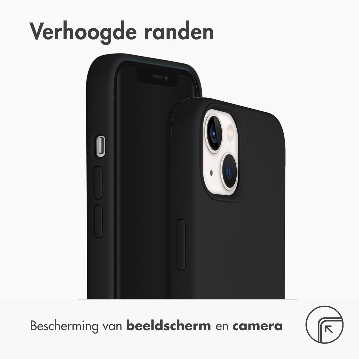 Zwarte telefoonhoes die de telefoon beschermt. Tekst: "Verhoogde randen", "Scherm- en camerabescherming".