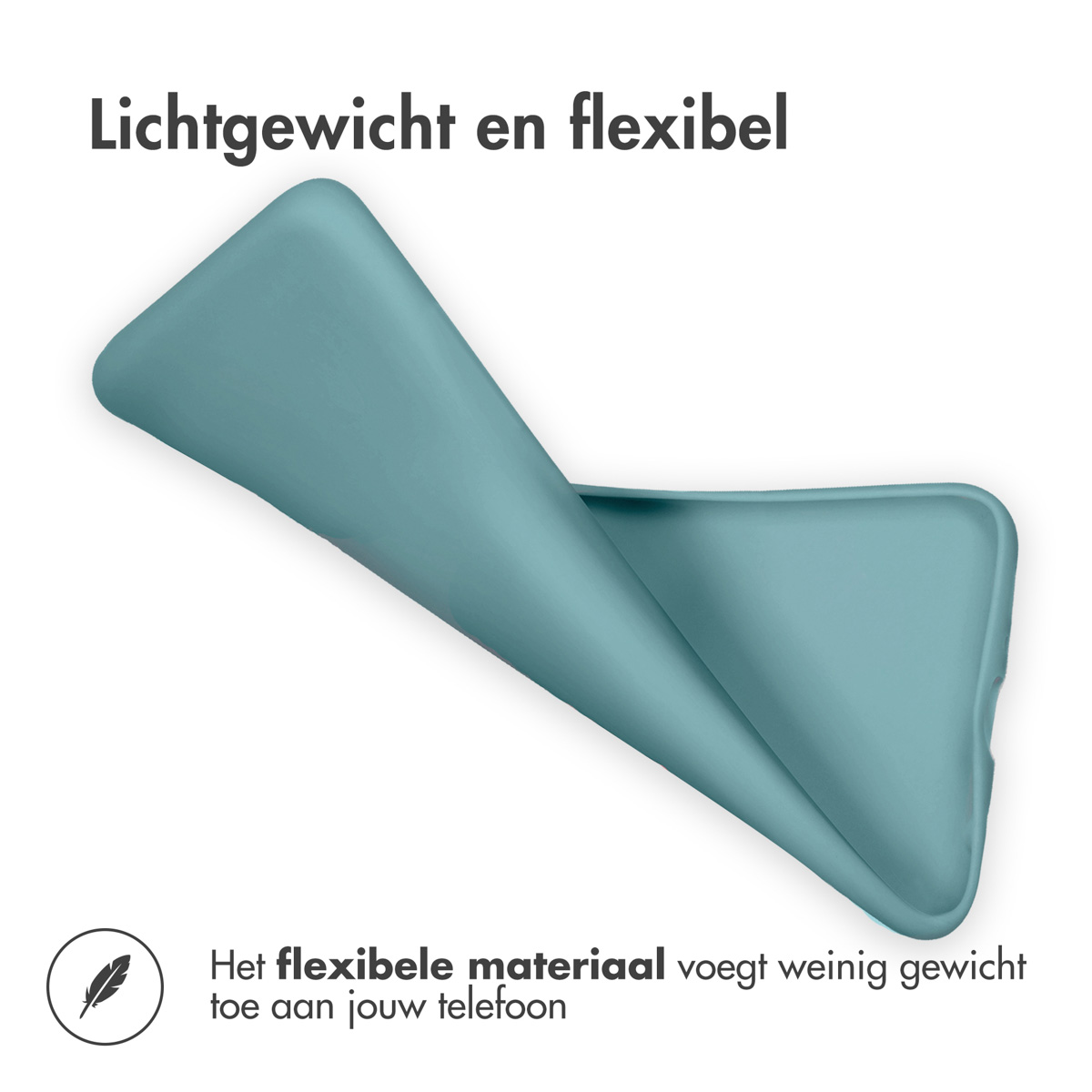 Une coque de téléphone flexible bleu sarcelle, pliée. Avec icône de plume.