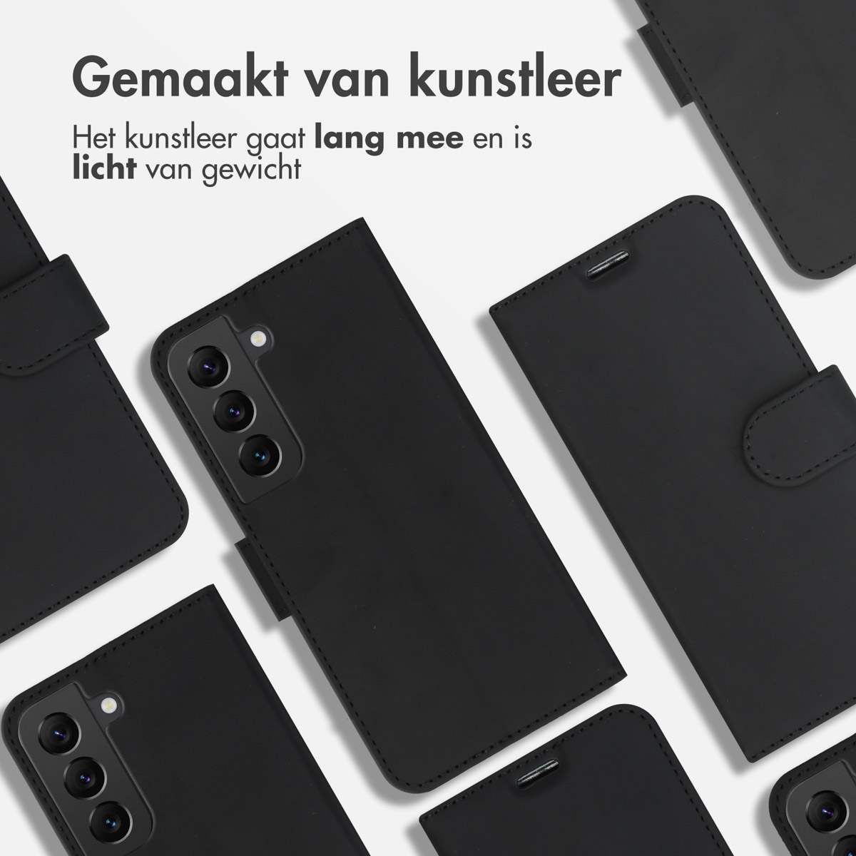Coques de téléphone noires disposées. Certaines coques sont ouvertes, d'autres fermées. Fond blanc.