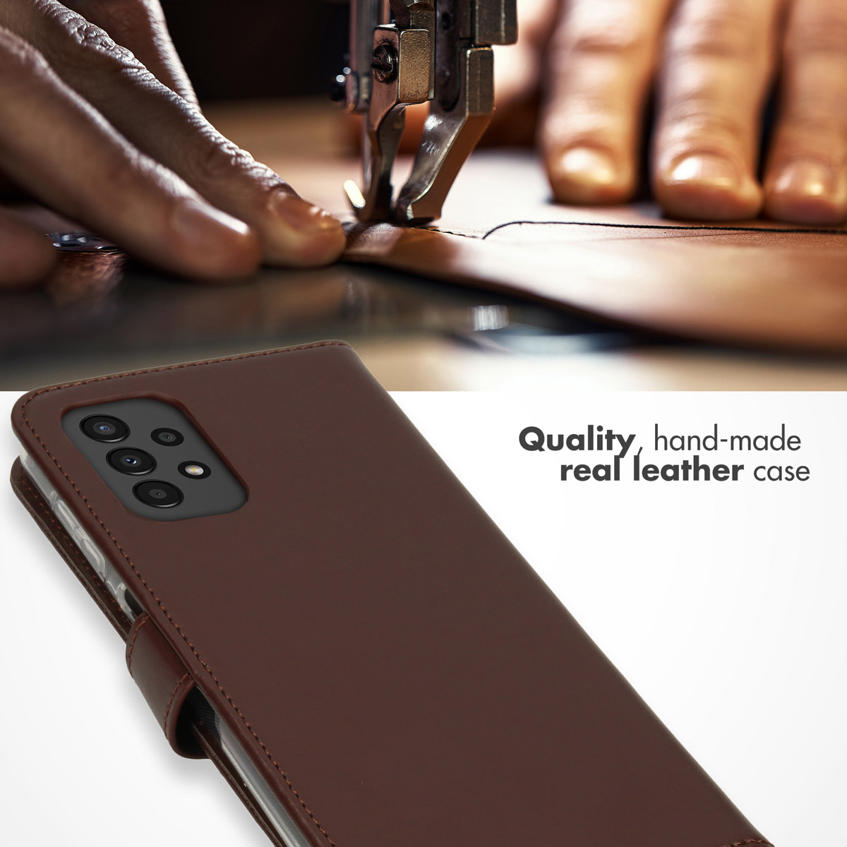 Une coque de téléphone en cuir marron cousue main avec une machine à coudre en arrière-plan, avec du texte à droite.