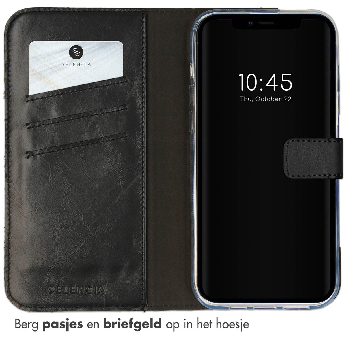 Zwart leren flipcase voor smartphone met kaarthouders.