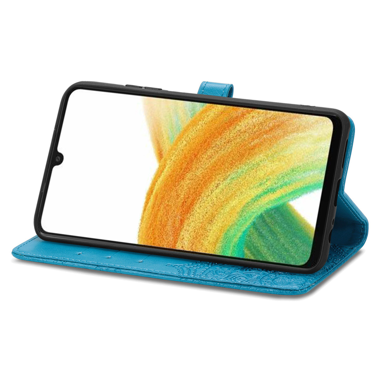 Een blauwe telefoonhoes met een open flap die een smartphone beschermt.