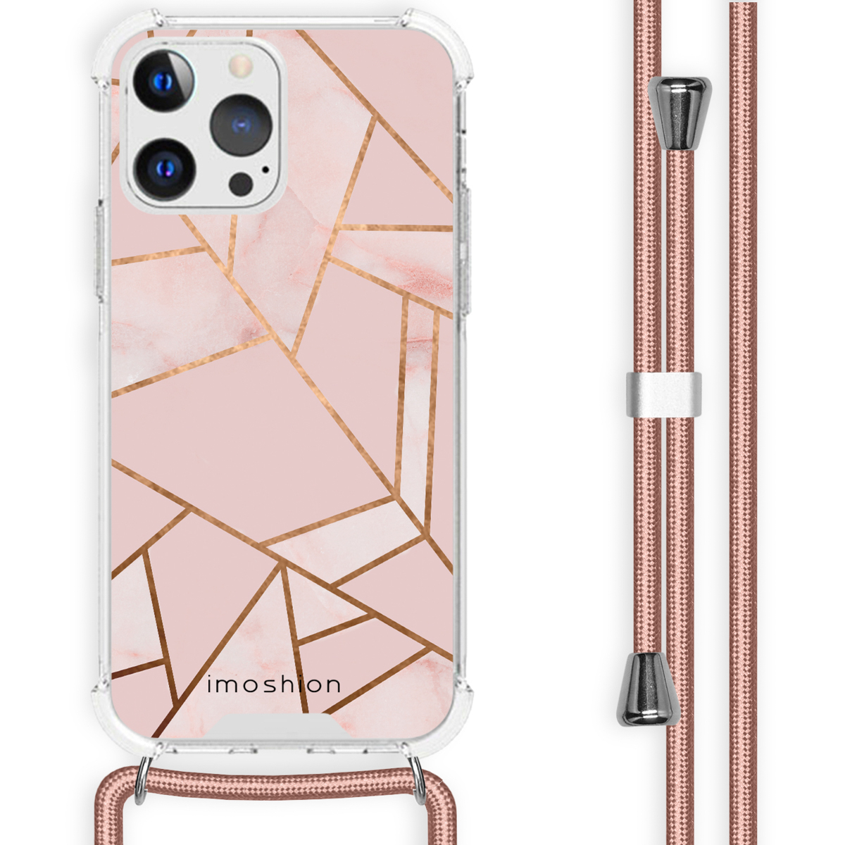 Coque de téléphone transparente avec motif marbre rose et motif géométrique doré, avec cordon rose.