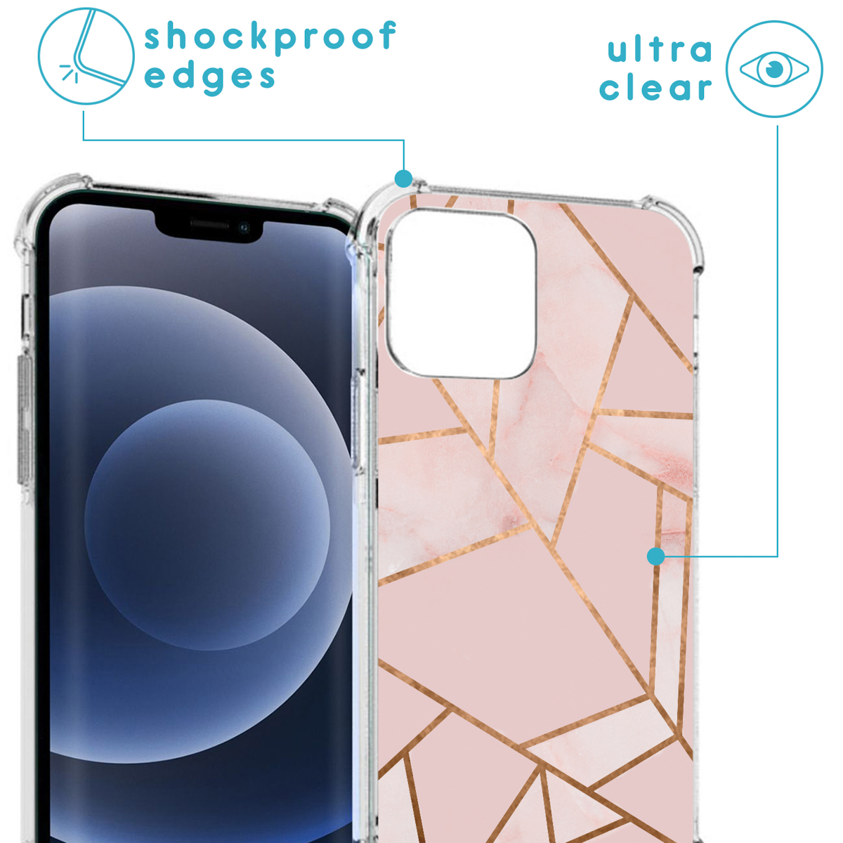 Coque de téléphone transparente avec motif marbre rose. Bords antichoc et ultra clairs.