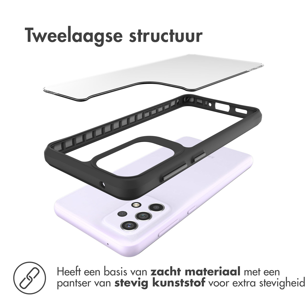 Vue éclatée d'une coque de téléphone : protecteur d'écran transparent, cadre noir, téléphone violet clair.