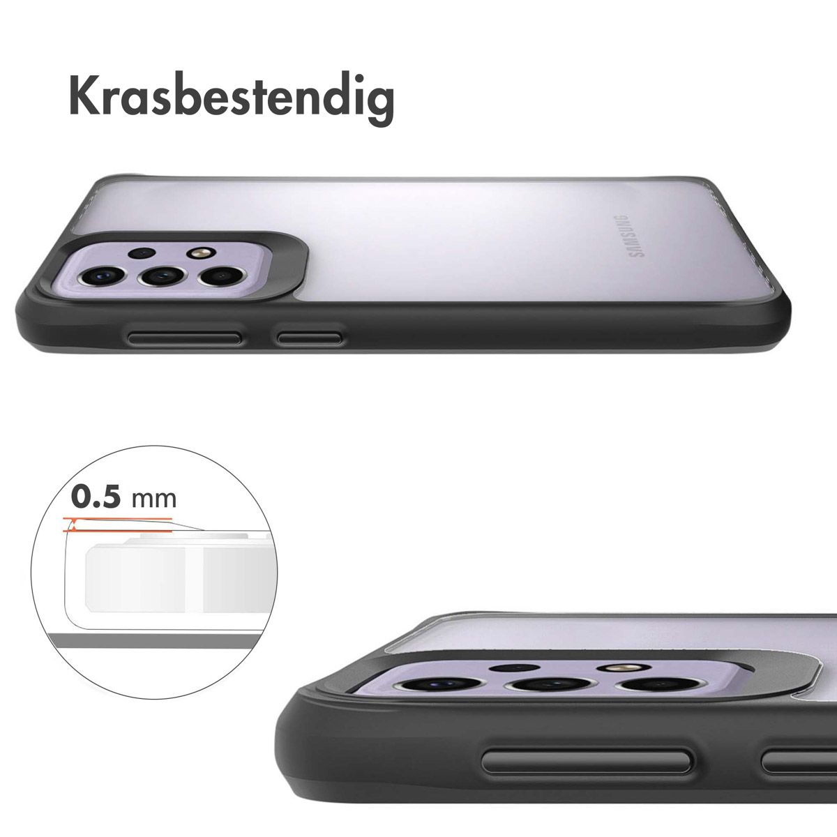 Coque de téléphone avec bord noir et dos transparent. Le texte dit 'Résistant aux rayures'. Le téléphone est à l'intérieur de la coque.