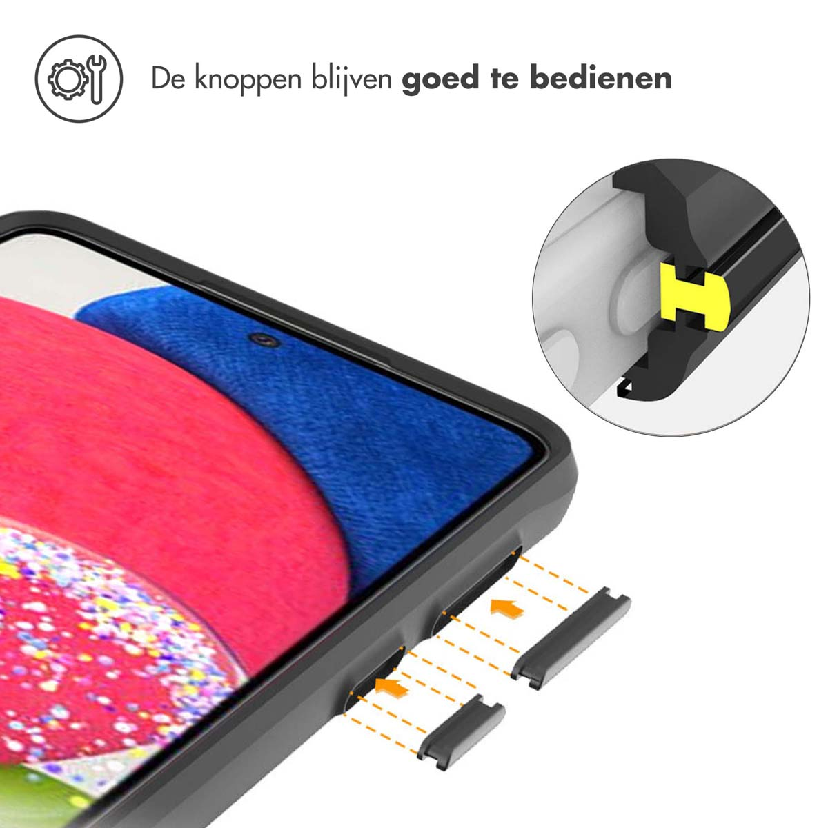 Gros plan d'un étui de téléphone montrant des boutons amovibles et un détail du mécanisme du bouton.