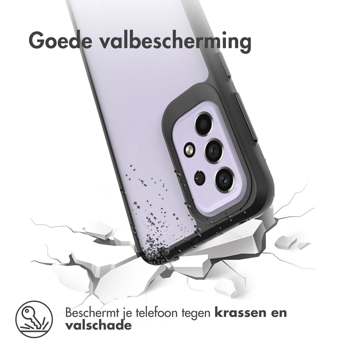 Coque de téléphone noire traversant une surface blanche. Bonne pub anti-chute.
