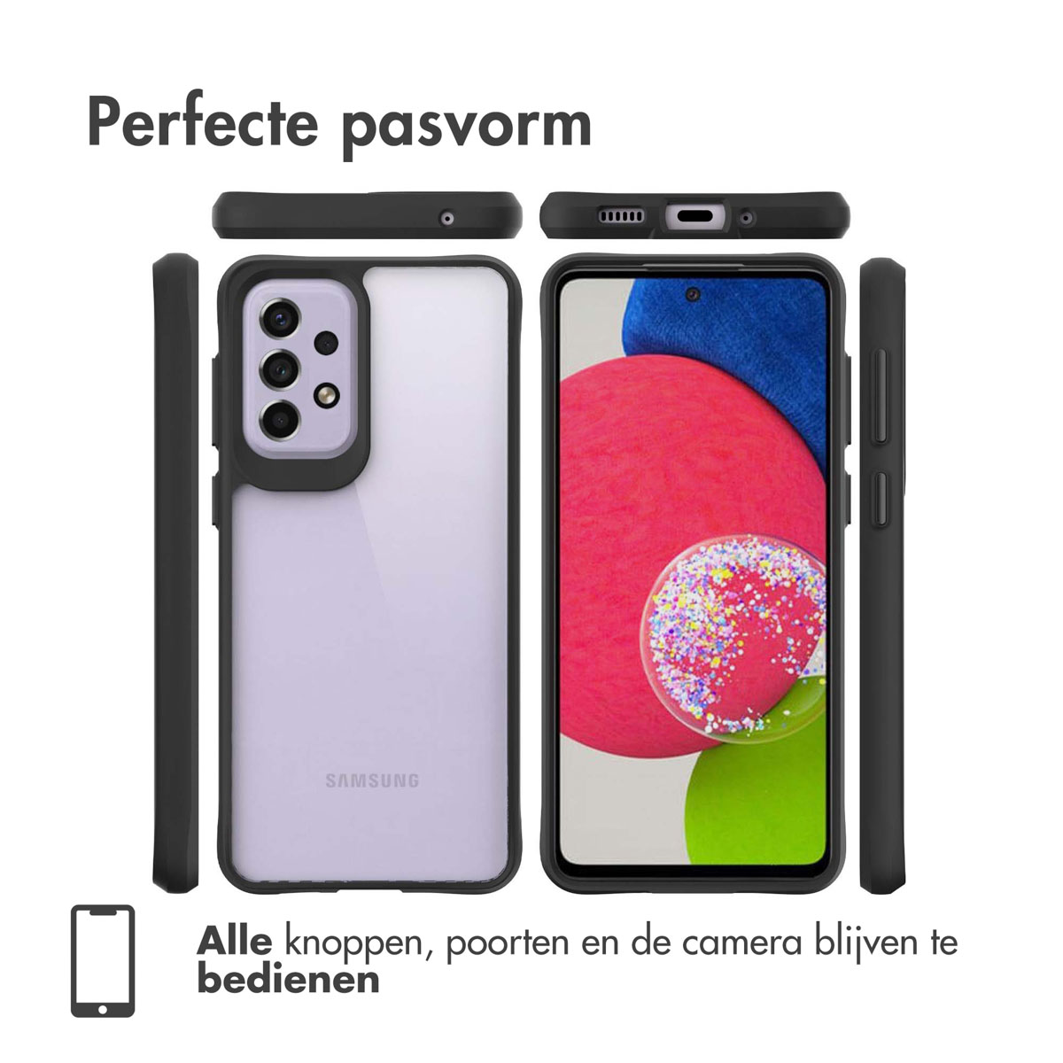 Coque de téléphone noire vue de face, dos et côté, montrant appareil photo et ports.