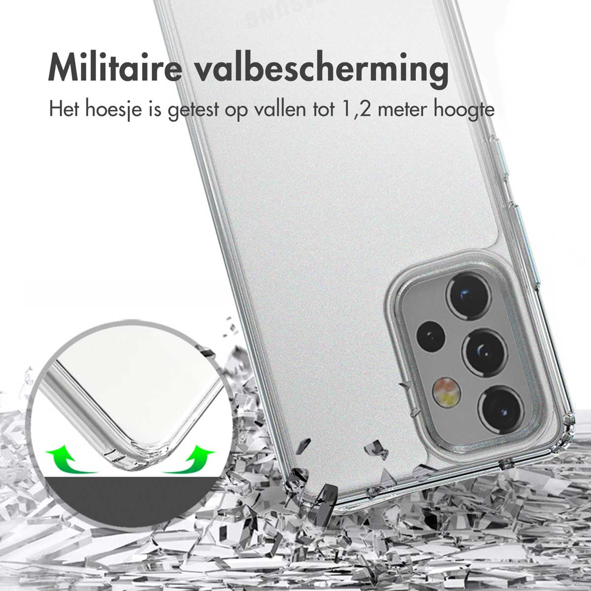 Clear phone case with camera detail, protected from fragments.