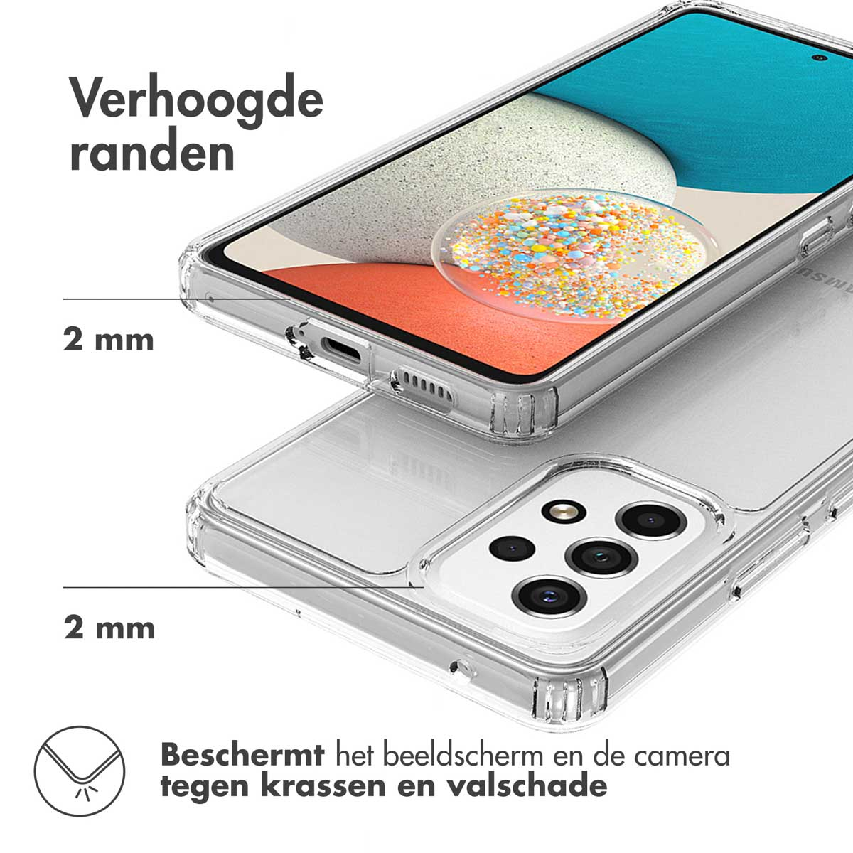 Clear phone case with raised edges for screen and camera protection.
