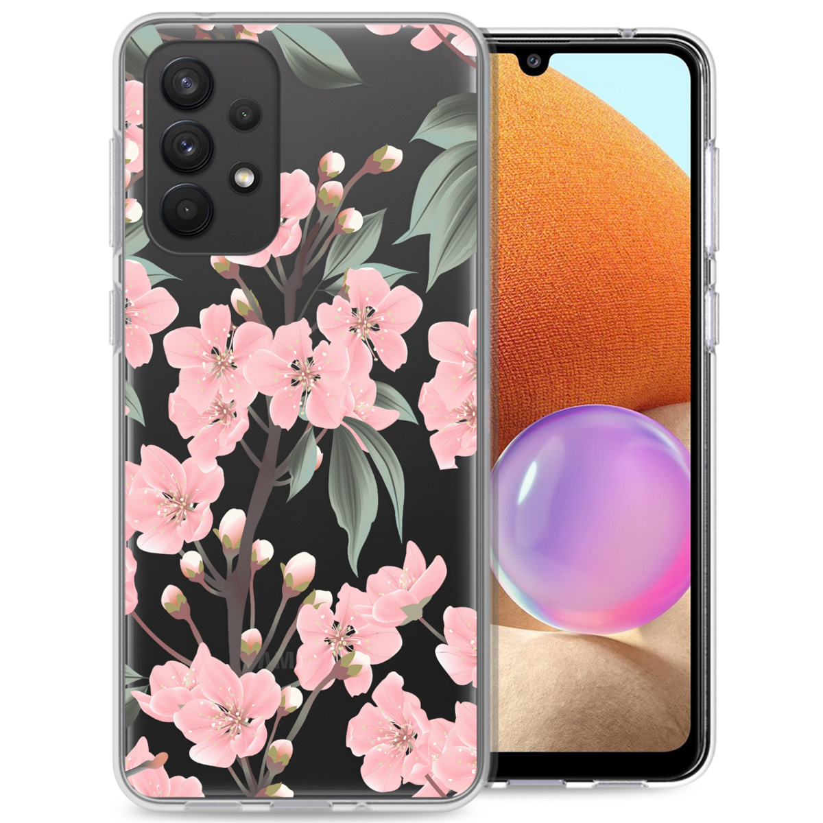 Coque de téléphone avec un motif floral rose. Le téléphone est affiché à droite.