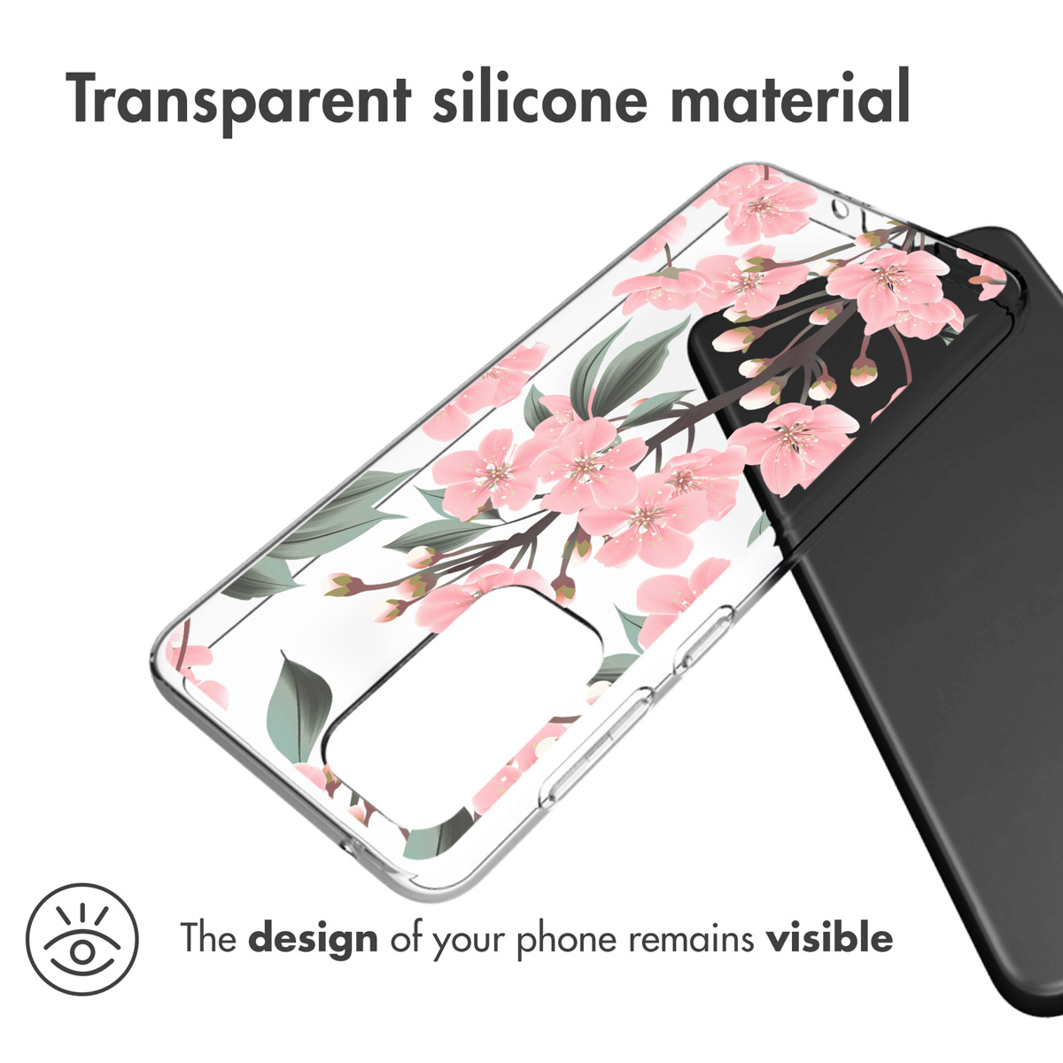 Coque de téléphone transparente avec des fleurs roses. Le design de votre téléphone reste visible. Texte : Matériau transparent.