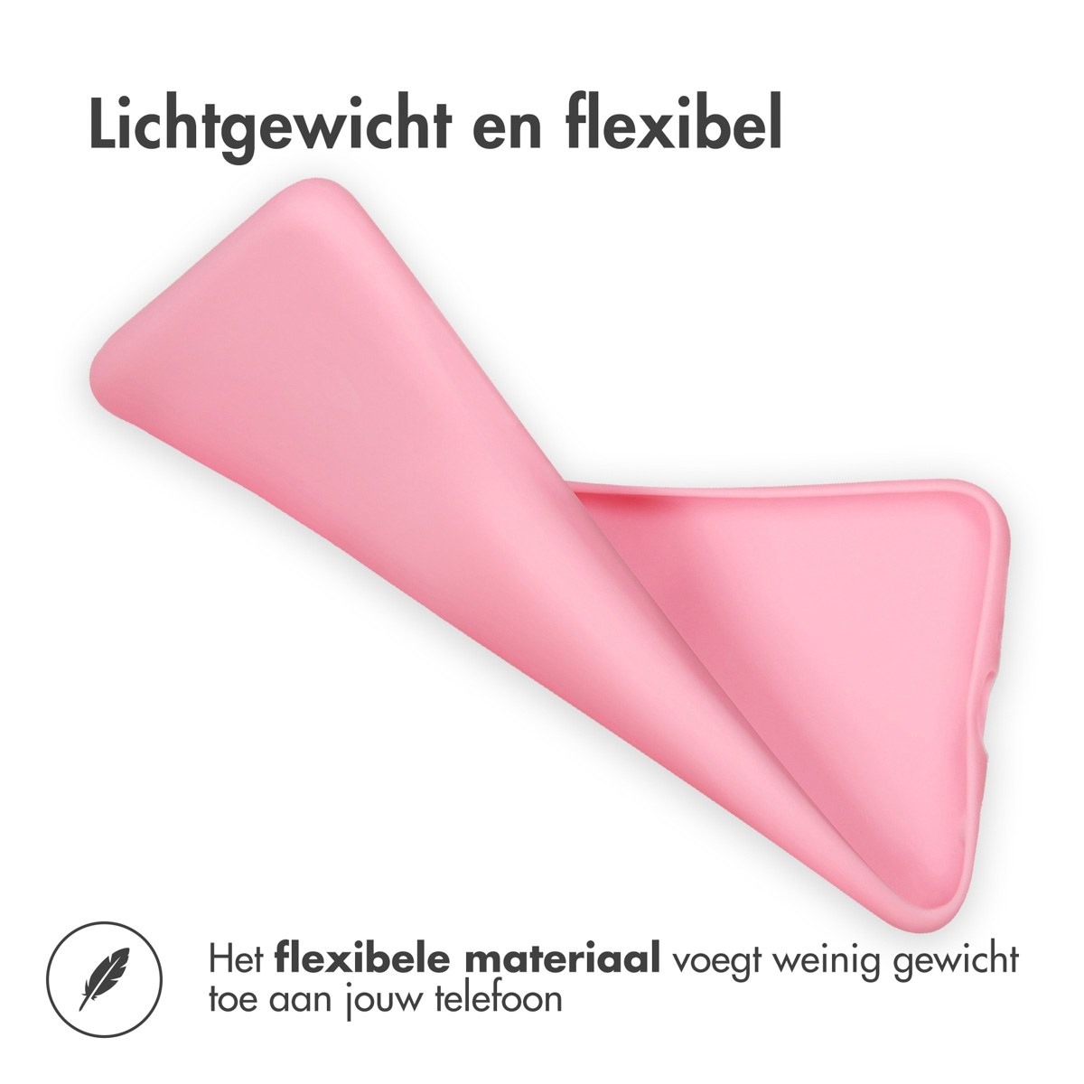 Roze flexibele telefoonhoes, gebogen om flexibiliteit te tonen. Witte achtergrond.