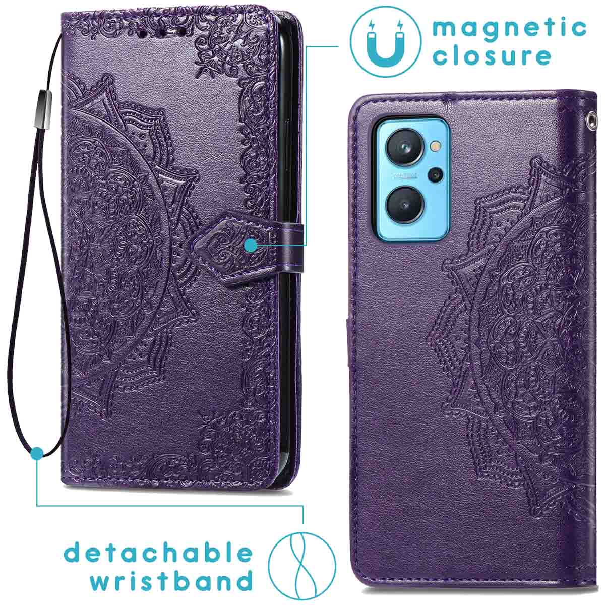 Funda morada para teléfono con diseño mandala, correa de muñeca desmontable y cierre magnético.