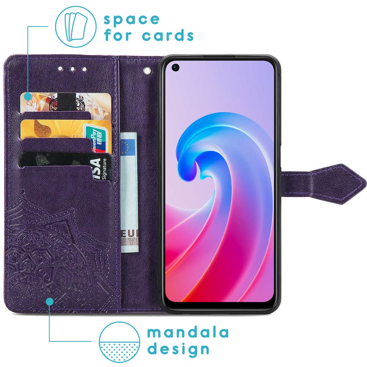 Funda morada para teléfono con tarjetas y teléfono, diseño mandala.
