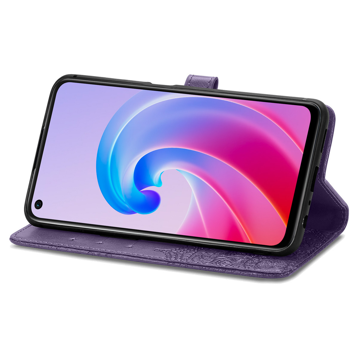 Funda morada para teléfono con un teléfono que muestra una pantalla colorida.