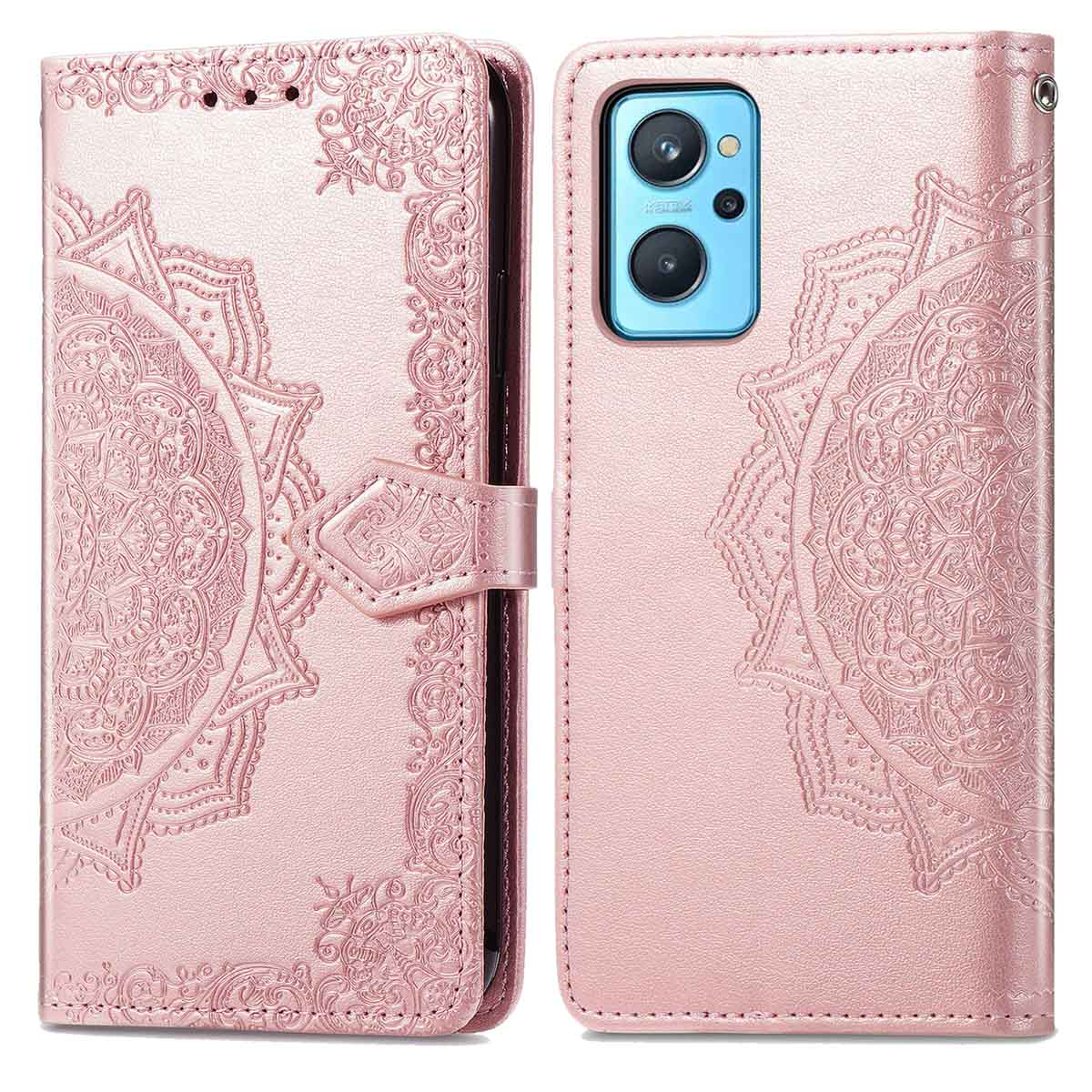 Roze telefoonhoesje met mandala-ontwerp en sluiting. Open, toont het een telefoon met camera.