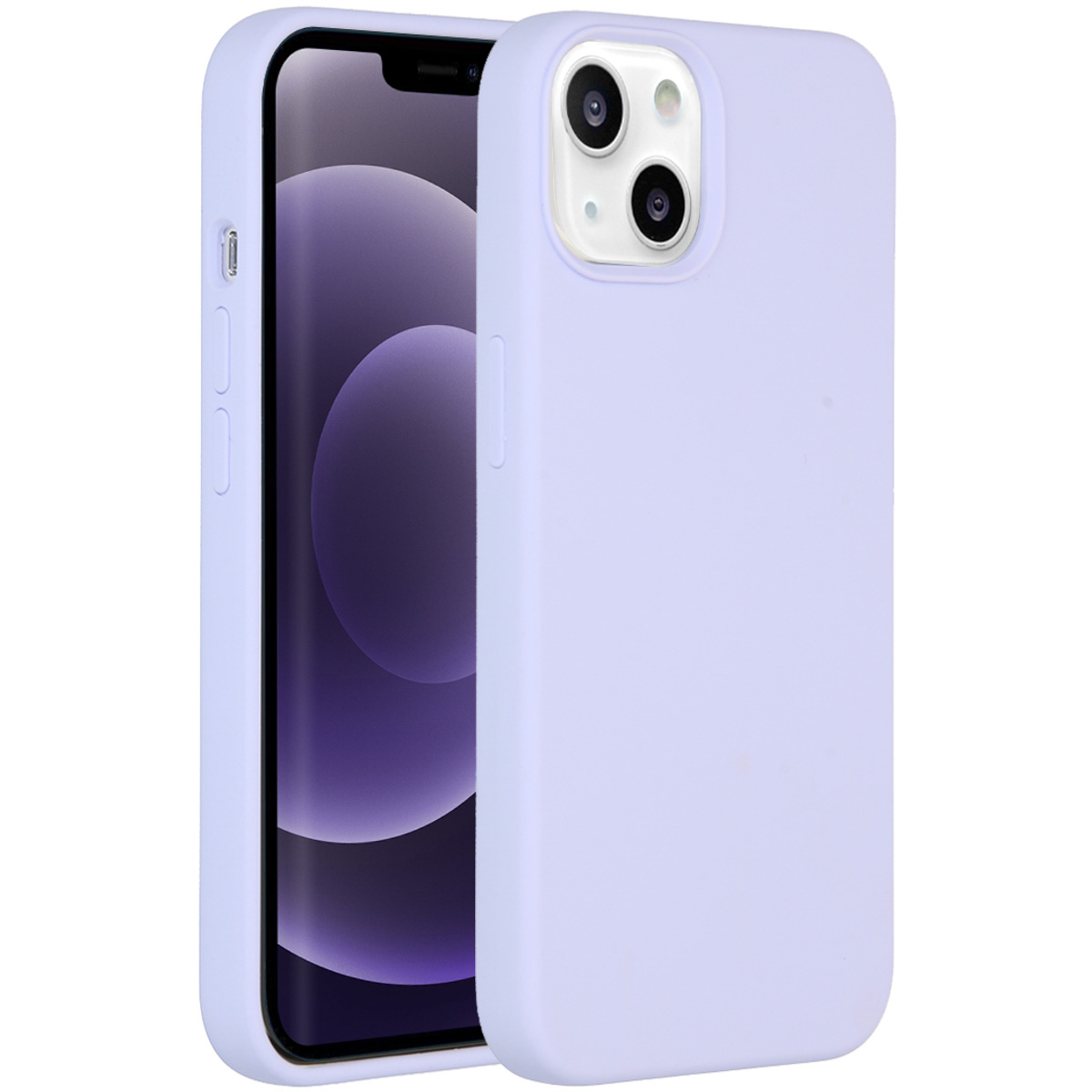 Een lila telefoonhoesje op een telefoon. De telefoonhoes is voor een telefoon. De telefoon zit in de hoes.