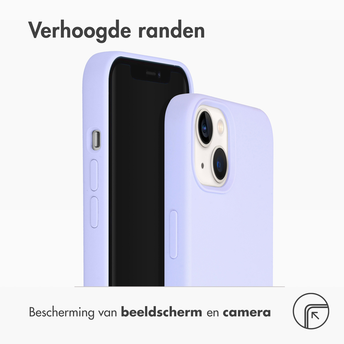 Twee telefoons in lichtpaarse hoesjes. Tekst zegt 'Verhoogde randen' en 'Bescherming van scherm en camera'.