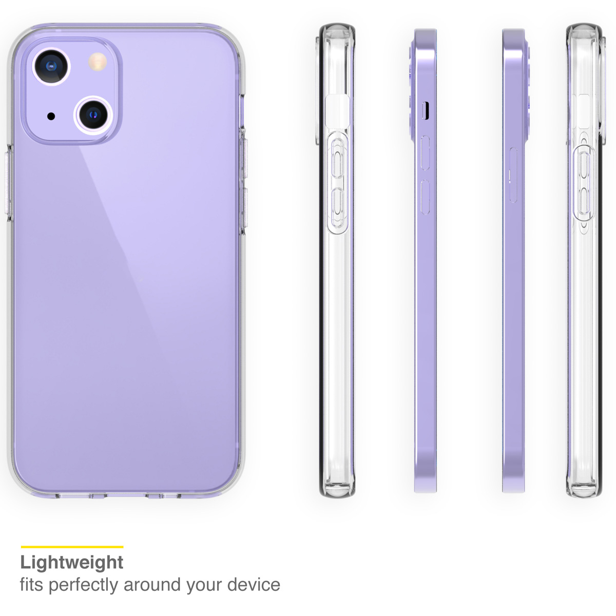 Ein Telefon in einer transparenten Hülle. Es ist lila. Die Seitenansichten der Hülle werden gezeigt. Der Text lautet Leichtgewicht.