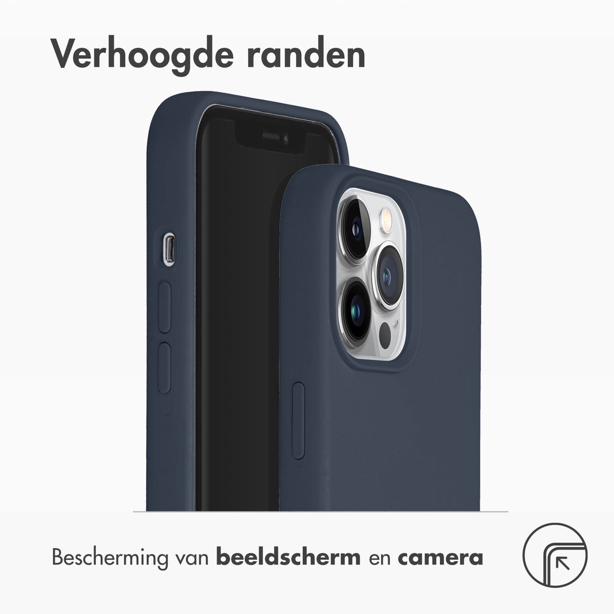 Ein dunkelblaues Handy mit erhöhten Rändern und Kameraabdeckung.