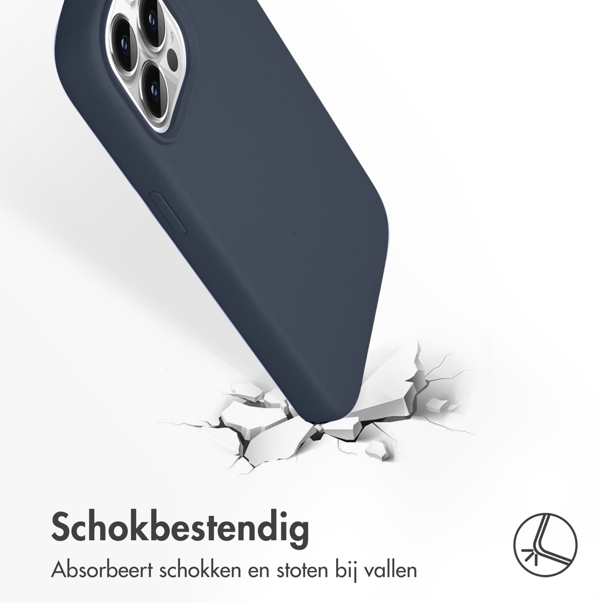 Dunkelblauer Handyhülle trifft auf zerbrochene Oberfläche. Stoßfest-Symbol.