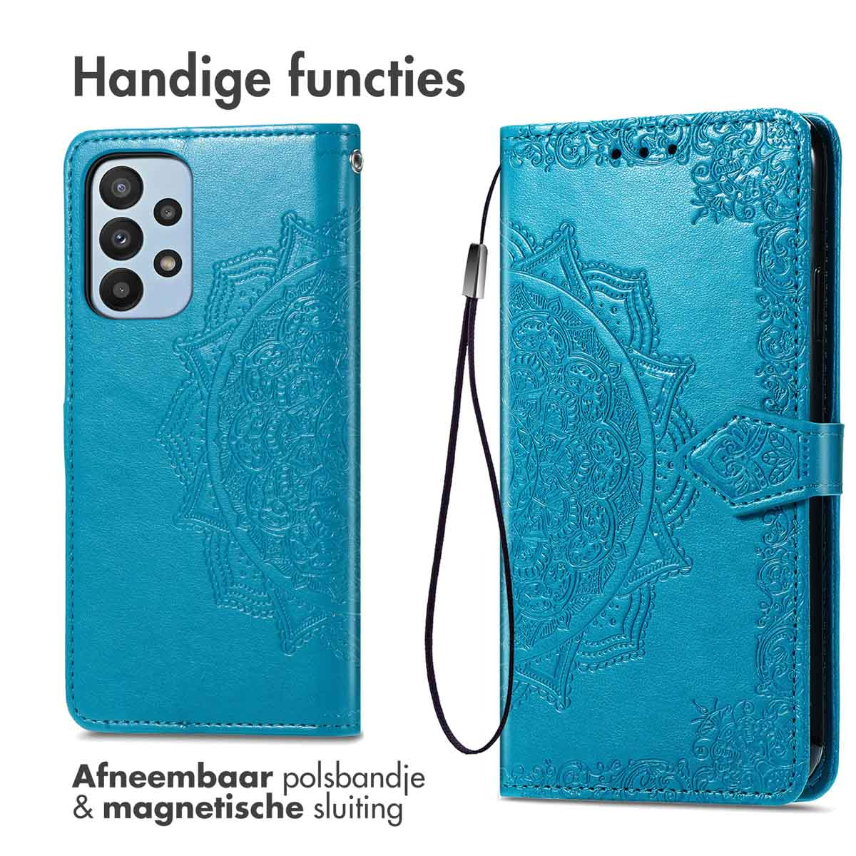Blauw telefoonhoesje met reliëf mandala, polsbandje en magnetische sluiting.
