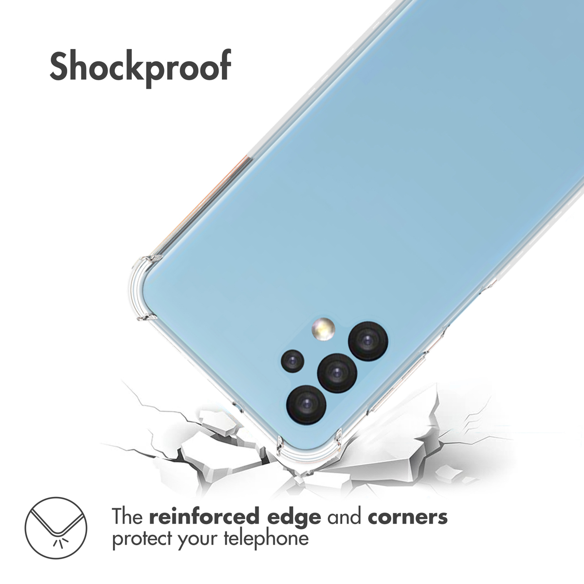 Coque de téléphone bleue avec coins antichoc au-dessus d'un sol fissuré.