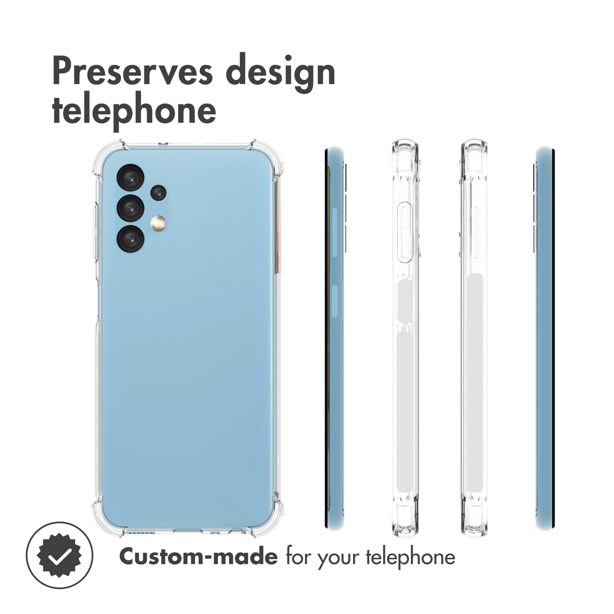 Coque de téléphone bleue affichée sous plusieurs angles avec du texte.