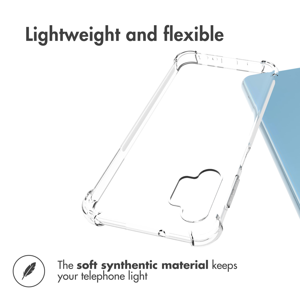 Une coque de protection transparente et souple pour smartphone avec des textes en anglais.