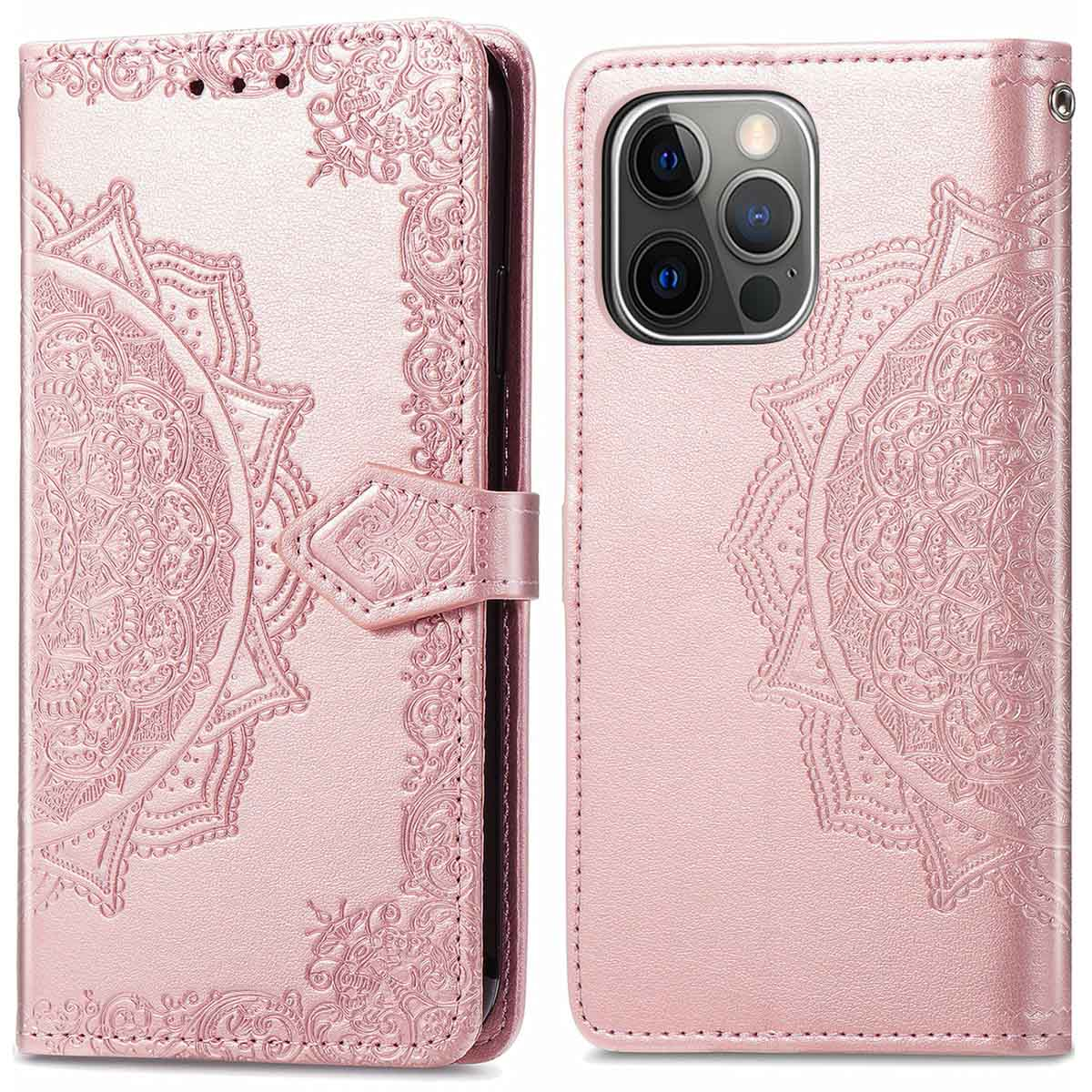 Roze telefoonhoesje met mandala-ontwerp, open, met telefoon- en kaartsleuven. De hoes heeft een magnetische sluiting.