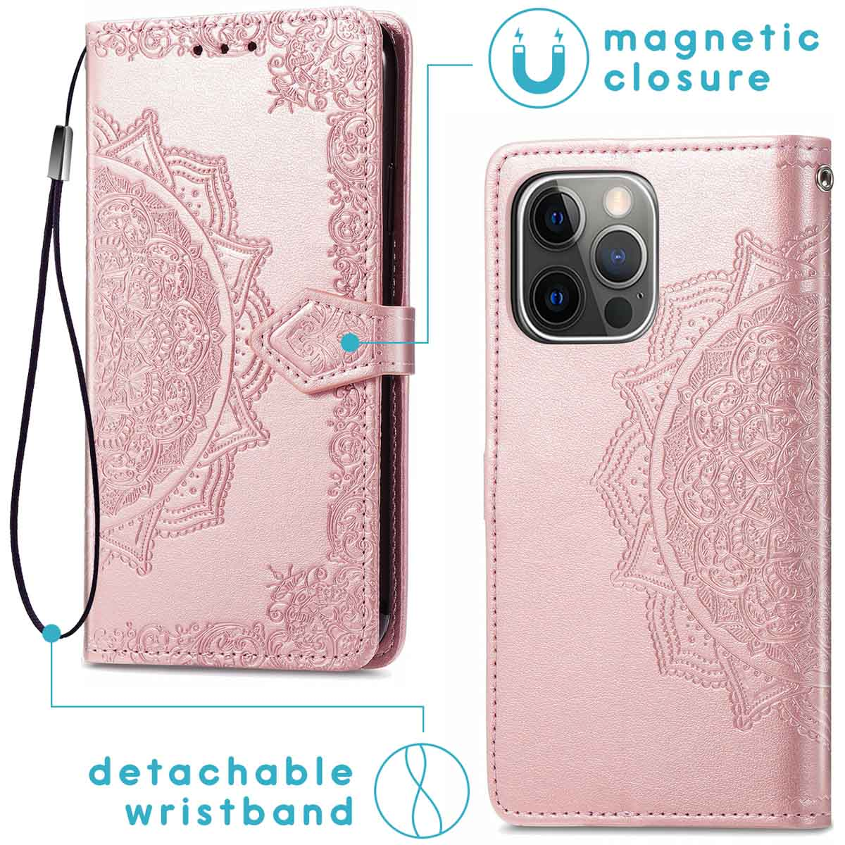 Roze telefoonhoesje met mandala-ontwerp, magnetische sluiting en afneembare polsband. Toont telefoon- en hoesonderdelen.