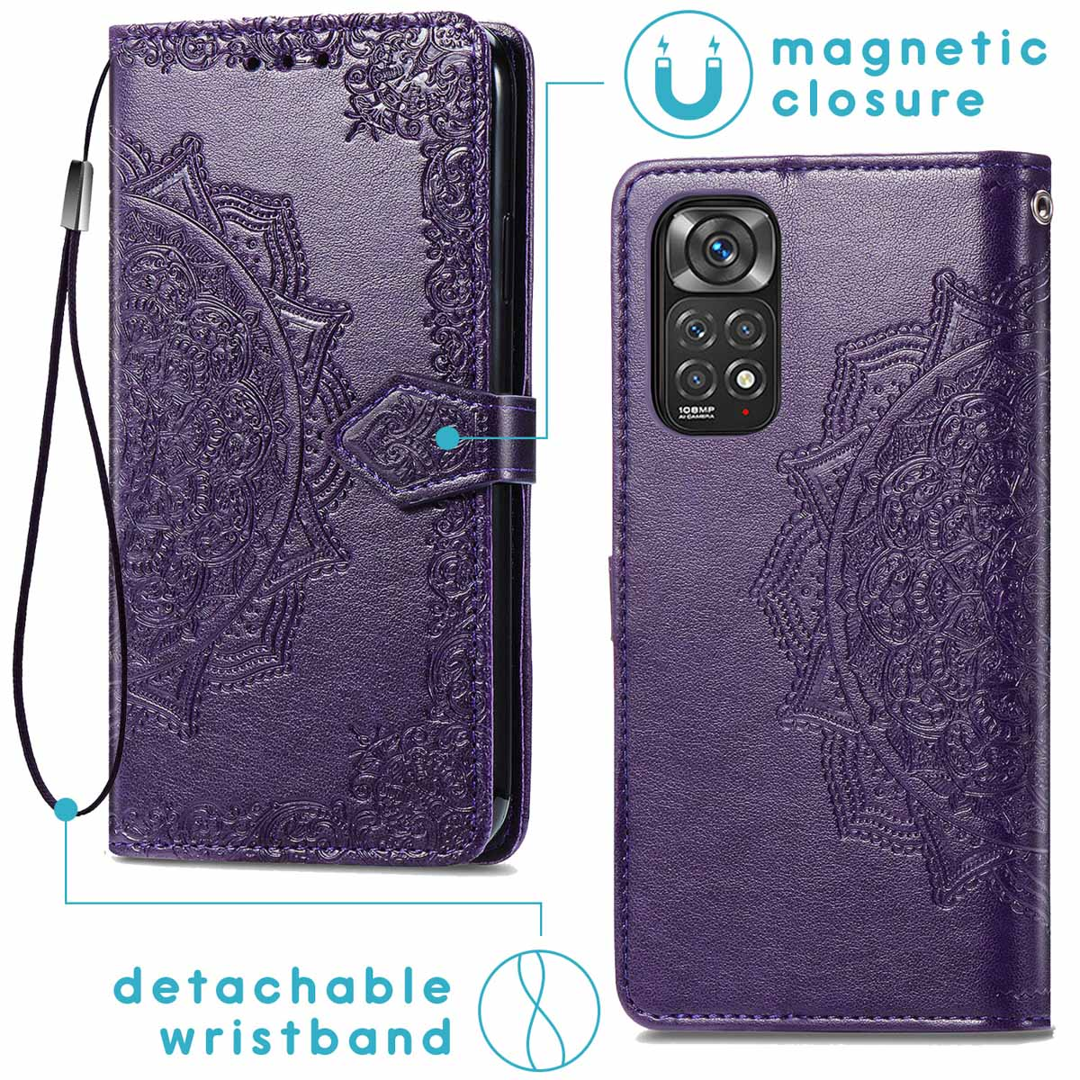 Une coque de téléphone violette avec un motif en relief et une dragonne amovible est montrée.