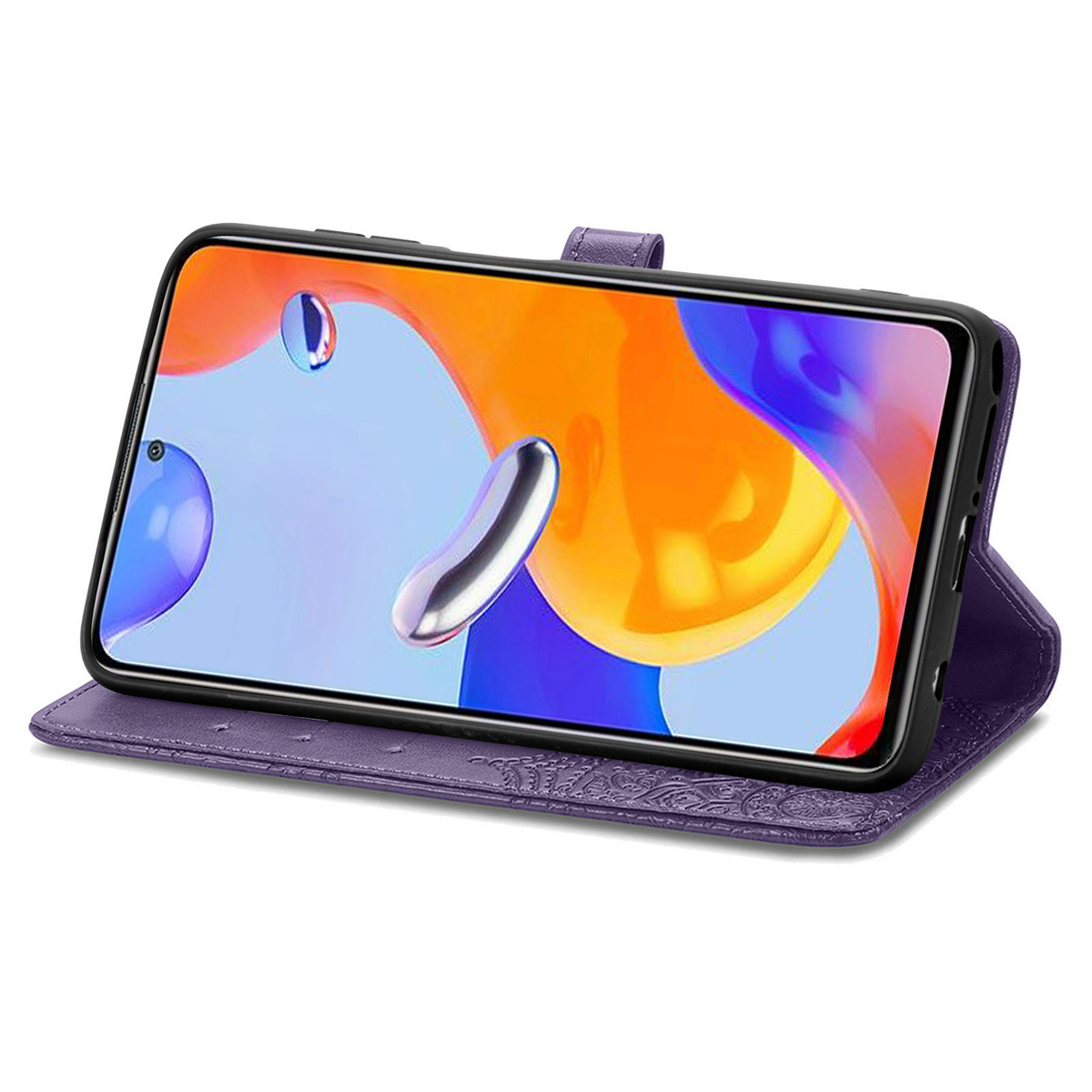 Étui violet pour téléphone à motif gaufré, montre des images abstraites colorées.
