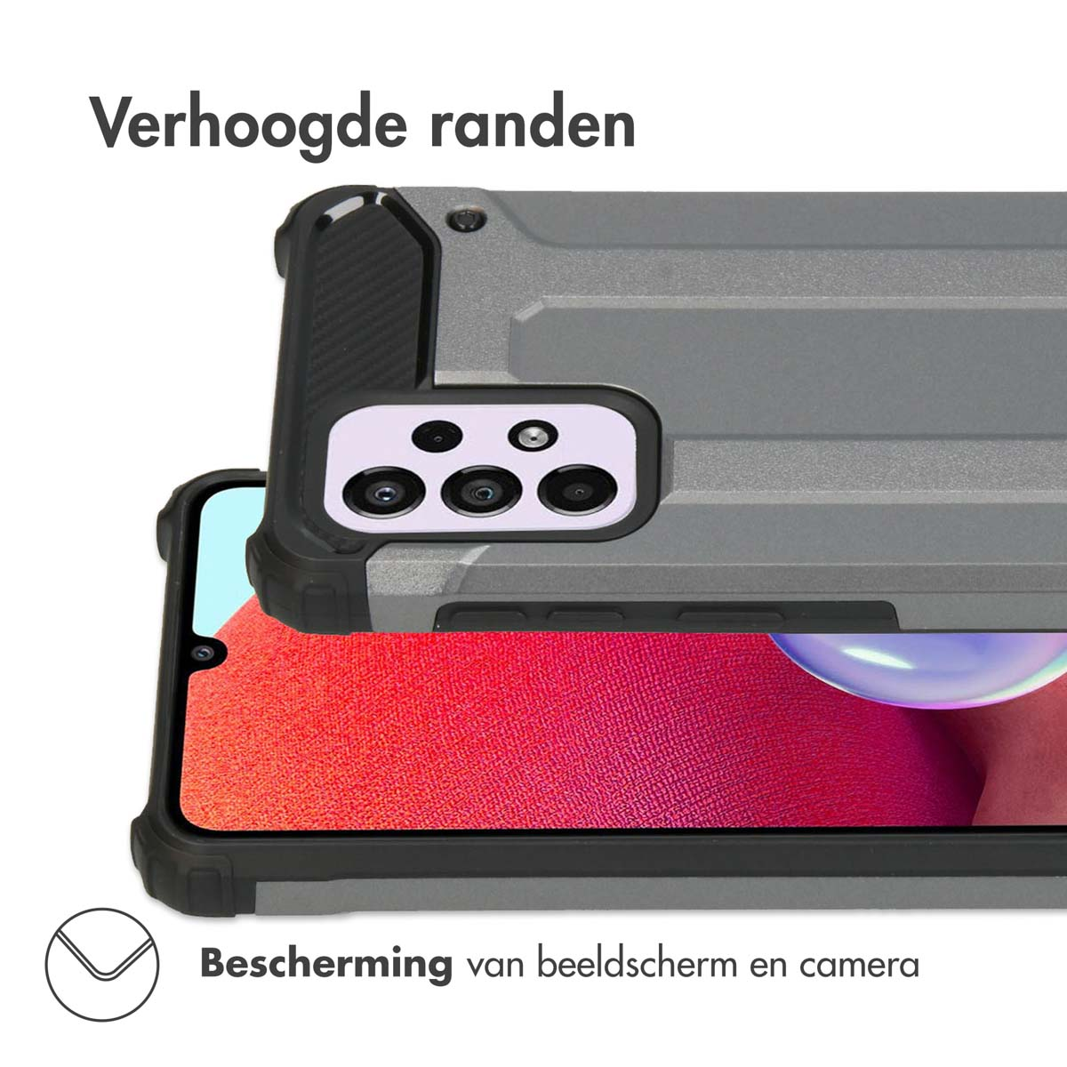 Coque de téléphone grise avec bords surélevés protégeant un téléphone. Texte : 'Protection de l'écran et de la caméra'.