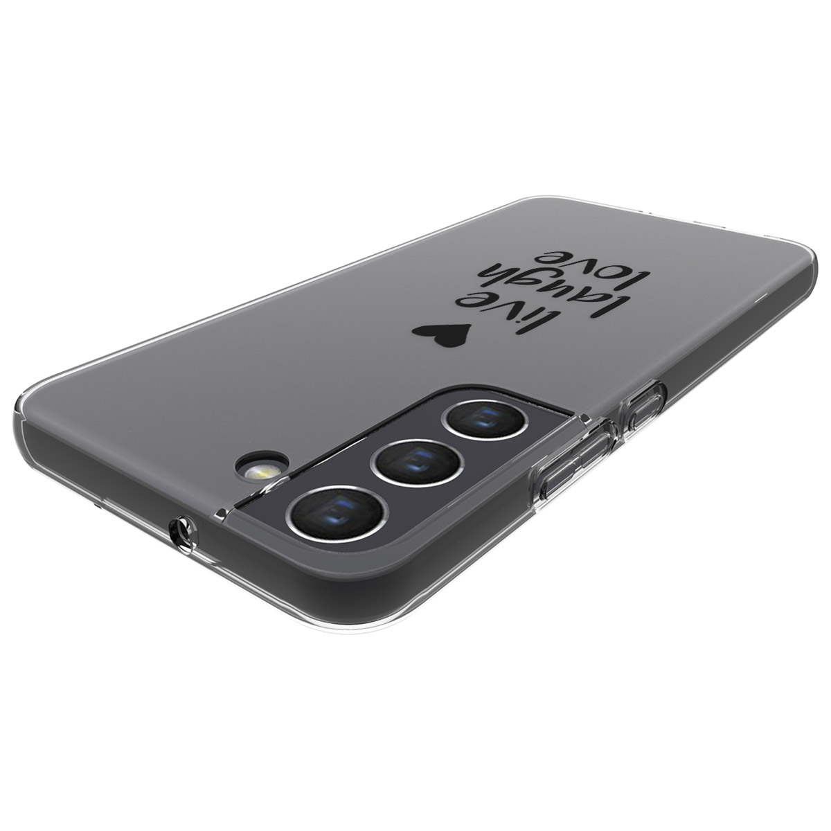 A phone in a gray case with 'Live, Laugh, Love' text and a heart. White background.