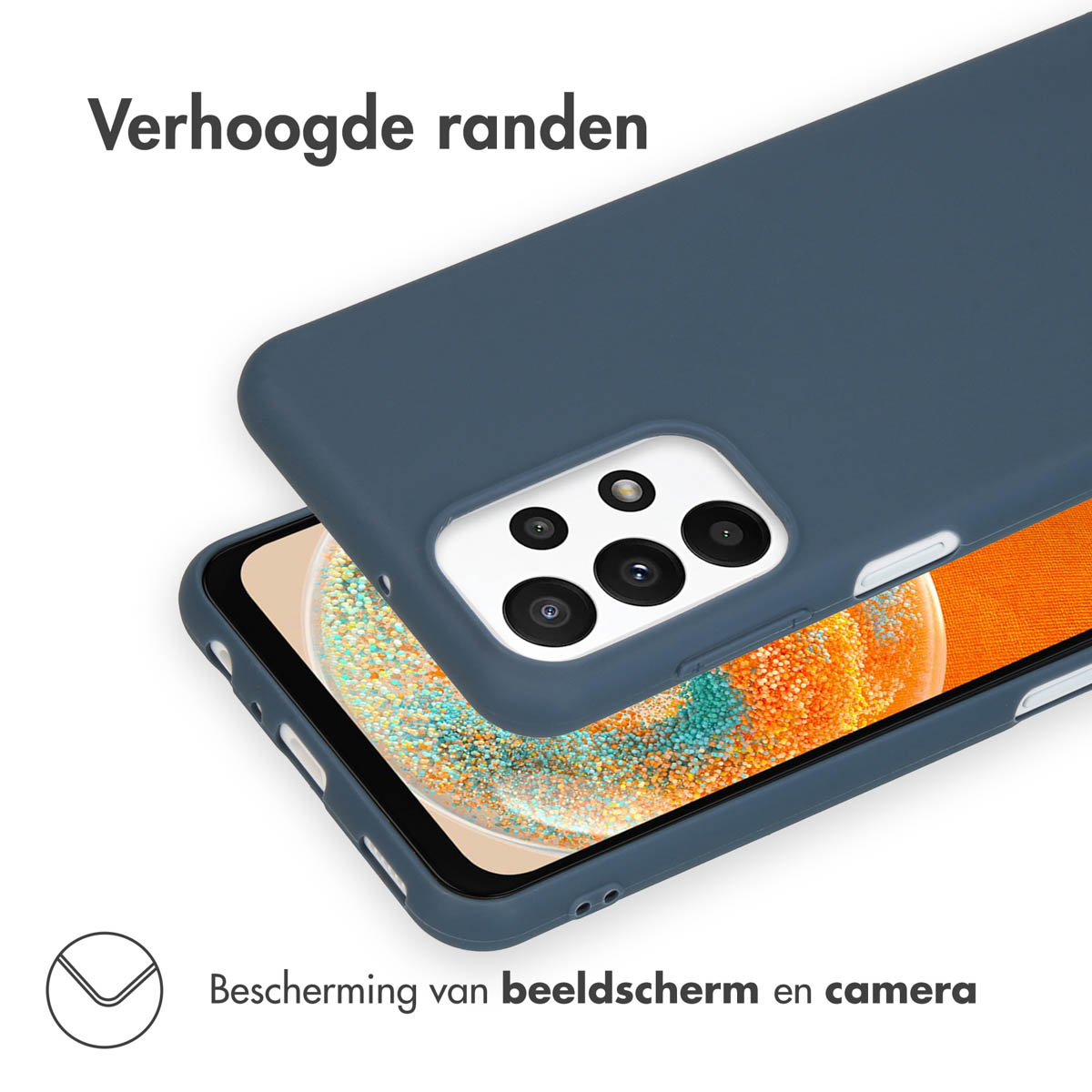 Telefoonhoesje en telefoon. Tekst: Verhoogde randen. Bescherming van scherm en camera.
