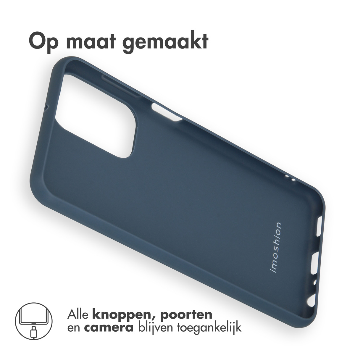 Een marineblauwe telefoonhoes op witte achtergrond, schuin om de binnenkant en merk 'imoshion' te tonen.