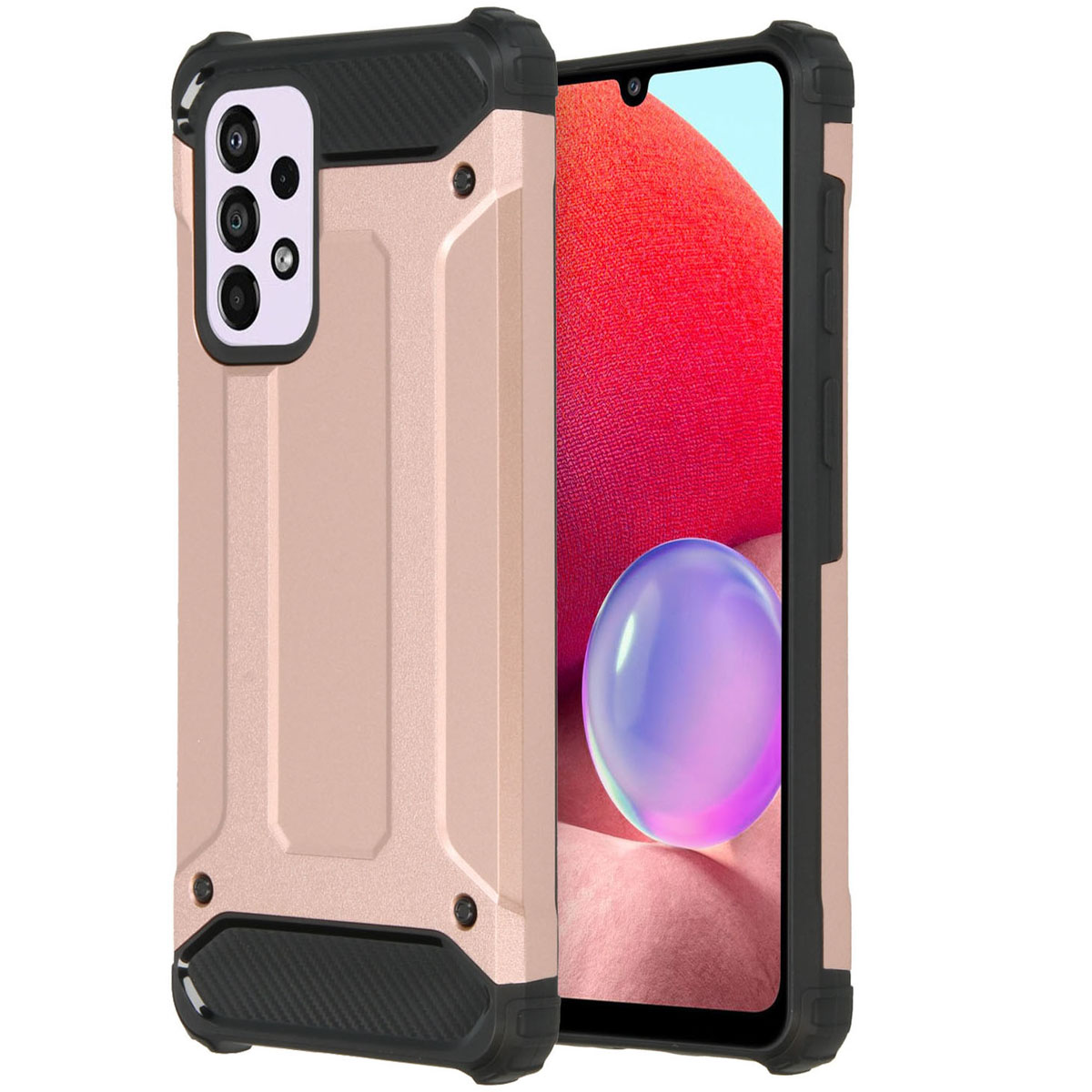 Une coque de téléphone robuste est sur un téléphone. La coque est or rose, noire et grise.