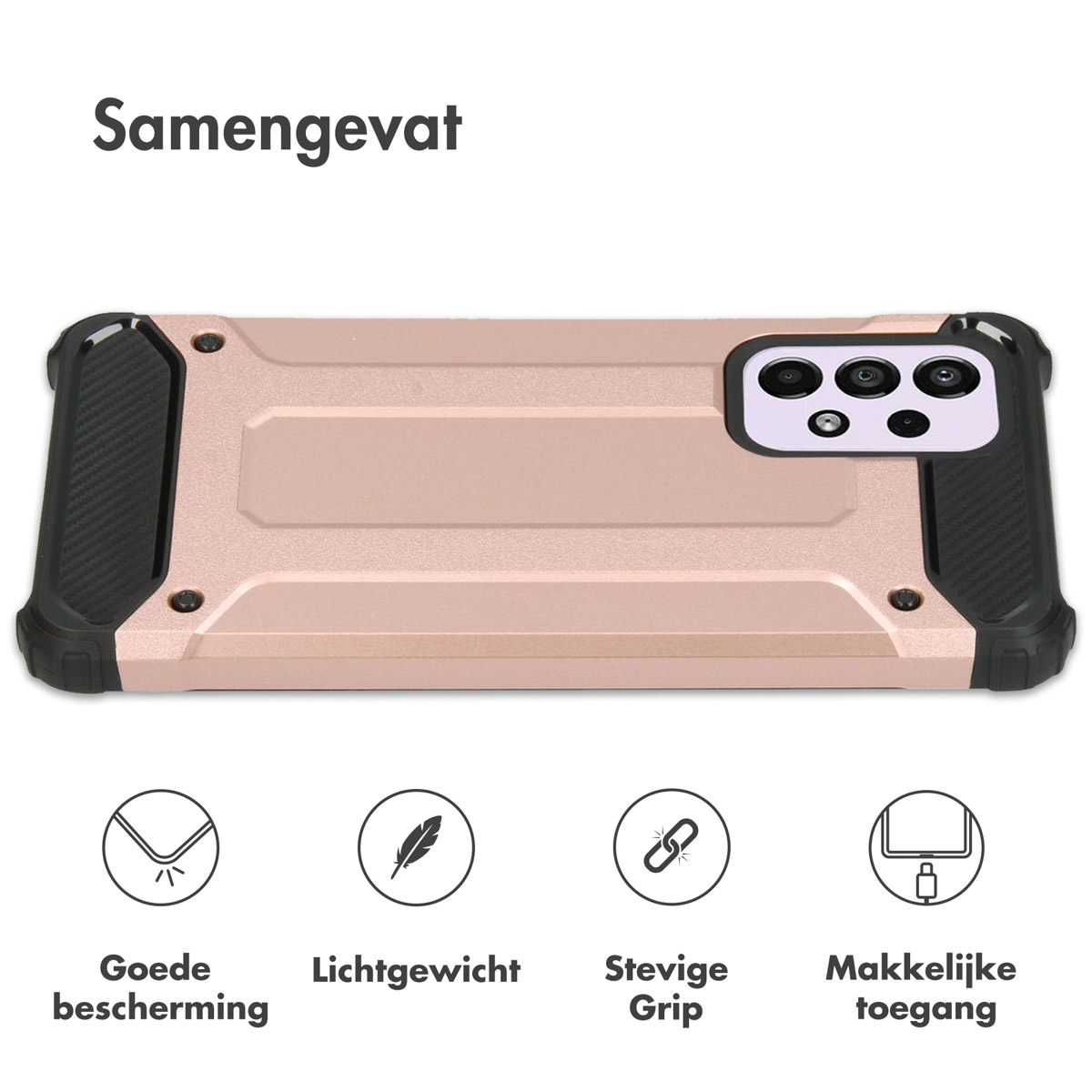 Coque de téléphone rose avec îlot caméra et accents carbone. Quatre icônes en bas.