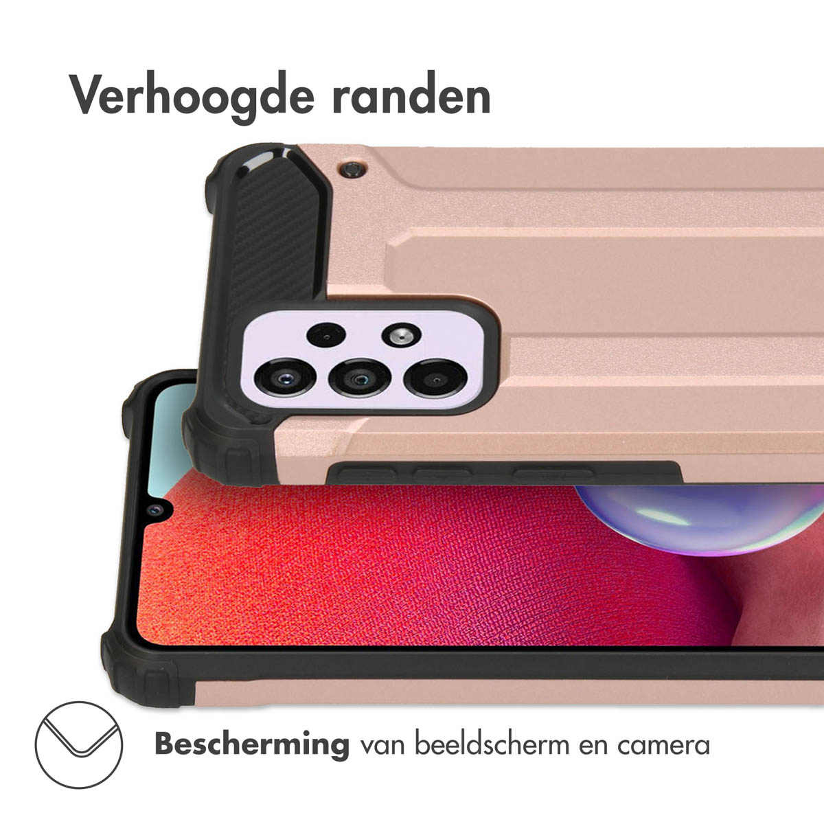 Un téléphone dans une coque. Texte : 'Bords surélevés' et 'Protection de l'écran et de la caméra'.