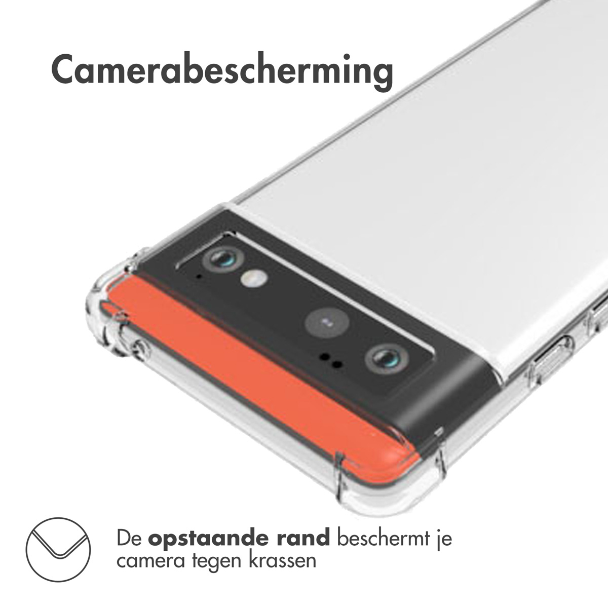 Een doorzichtige telefoonhoes beschermt de camera met een oranje accent.